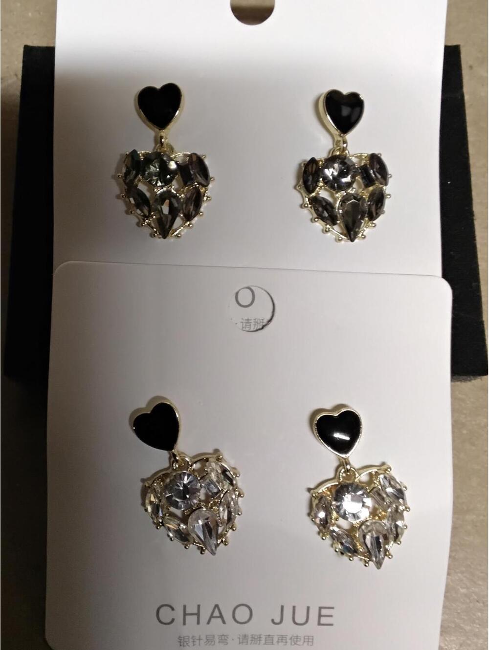 Sparkle & Heart Drop Earrings , black and clear set
